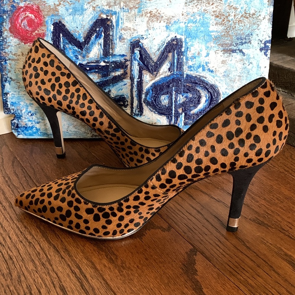 Lord & Taylor Leopard Print Leather Fur Metallic Accent Sz 37.5 NWOT